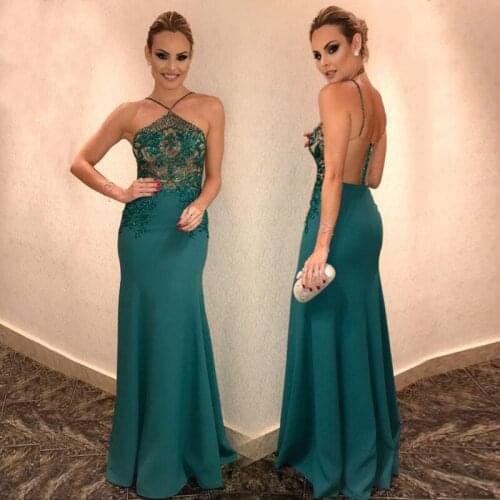 New Mermaid Exquisite Teal Evening Gowns Long Sleeveless Lace Wedding Party Dresses with Spaghetti Straps Beaded Appliqued