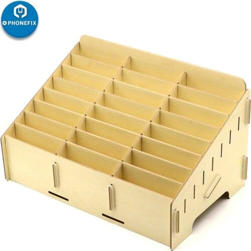 24 Grid Desktop Phone Screen Storage Box Wooden Phone Holder Mobile Phone Repair Organizer School Office Stationery Supplies