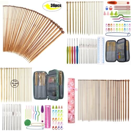 36pcs Bamboo Knitting Needles Set Mix 2.0mm to 10.0mm 25cm 35cm Straight Single Point Yarn Weave Knitting Needles Hook Kit