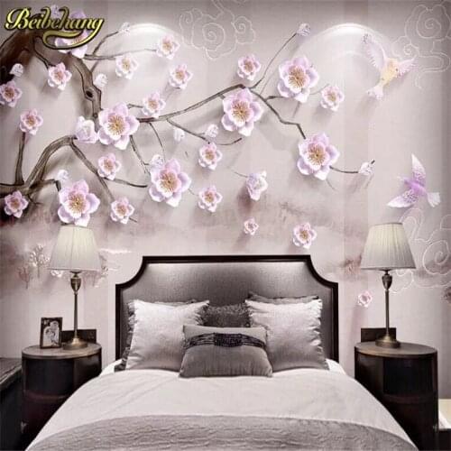 Beibehang Embossed plum blossom bird Custom Mural Wallpaper Wall paper Landscape Painting 3D Photo TV Background Living Room
