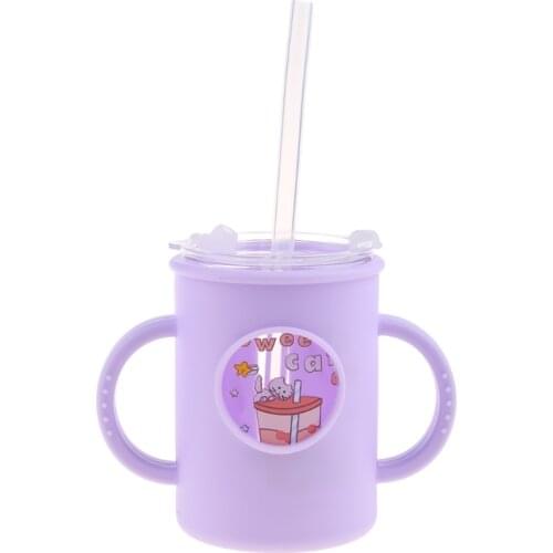 Anti-falling Baby Milk Cup with Straw Silicone Double Handle Sleeve Children Water Cup Portable Kids Drinking Glasses