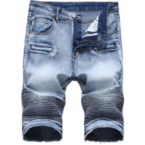 New Mens male light blue slim straight stretch denim biker shorts fot moto Plus big size pleated fringe jeans Summer Capri