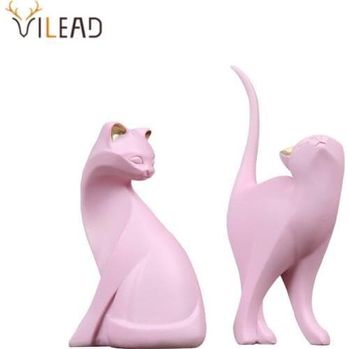 VILEAD 15cm Resin Pink Cat Figurines Bedroom Decoration Abstract Statue Nordic Animal Figure Home Decor Sculpture New Year Gifts