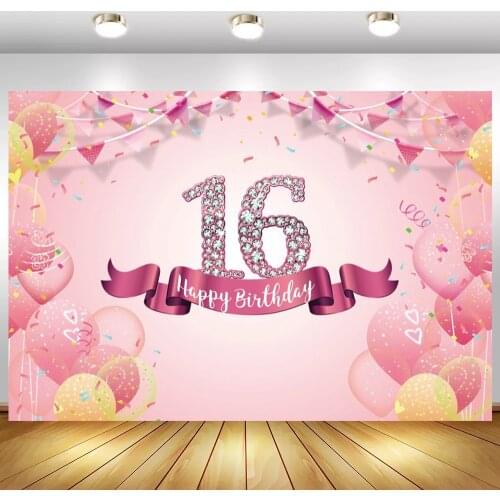 Sweet 15 16th Girl Birthday Cake Smash Photography Backdrop Pink Theme Balloons Ribbons Custom 30 40th Women Birthday Background