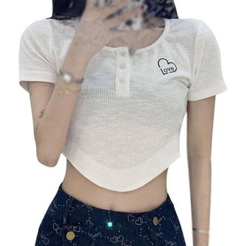 Summer Casual Short Solid Color Tee Shirt Arc Shaped Slim Arc Pit Strip Short Sleeve Tshirt Tops