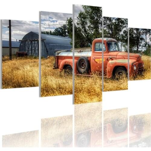 Litter Red Lorry Old Abandoned Farm Truck 5 Panels HD Canvas Painting Poster Wall Art Print Picture Living Room Home Decor Frame
