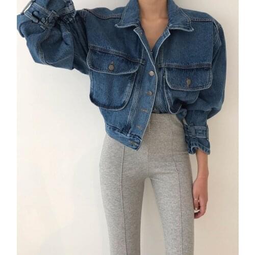 Denim Jacket Women Autumn Winter Big Pocket Short Jacket Retro Lapel Puff Sleeve Windbreaker Loose Cotton Fashion Coat Woman