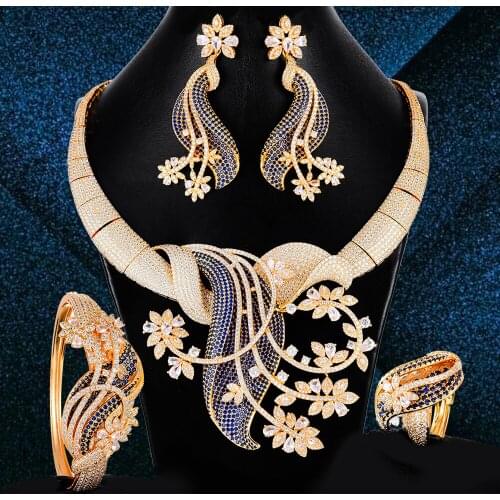 Missvikki Luxury Bridal Wedding 4 PCS Gorgeous Necklace Bangle Earrings Ring Jewelry Set Flower Tassel High Quality Jewelry GIFT