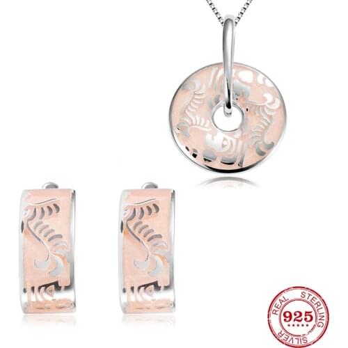 Fashion Jewelry Set Like Luscious Pink Floral Designs Authentic 925 Sterling Silver Pendant Necklace Earrings Women Party Enamel