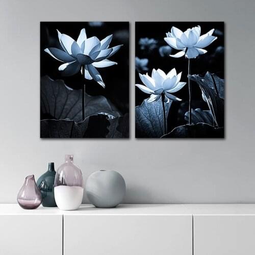Wall Art Canvas Painting Lotus Flower Night Scenery Modular Pictures For Living Room Modern Home Decoration Posters And Prints