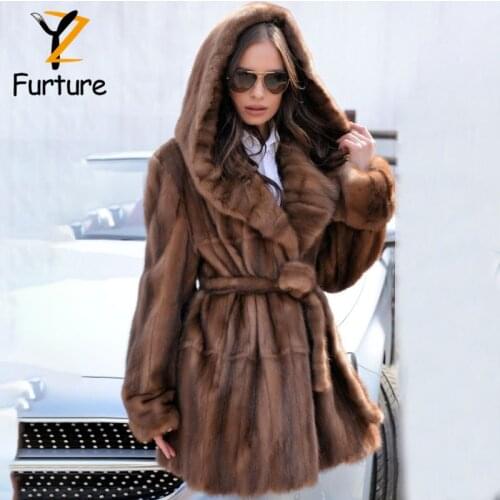 New Full Pelt Natural Real Mink Fur Coat With Real Fur Hood And Belt Jacket Real Fur Coat Women Winter Warm Real Fur jacket