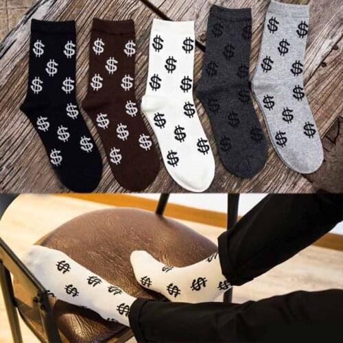 Newly 1Pair Spring Autumn Men Socks Dollar Symbol Printed Breathable Anti-slip Middle Long Sock