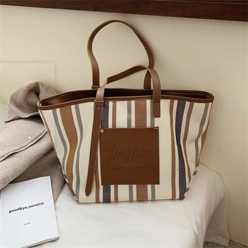 Casual Shoulder Bags Women Stripe Patchwork Handbags Fashion Design Pu Leather Strape Large Capacity Bag