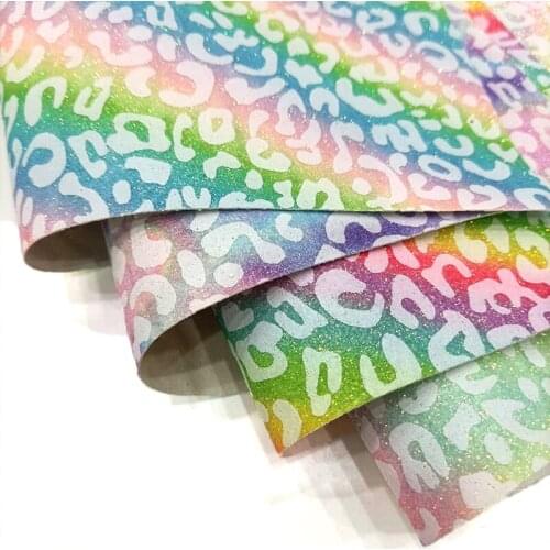Leopard Grain Pattern Printed Rainbow Iridescent Gradient Color Fine Glitter Faux Leather Fabric For hair bow/Decoration/Craft