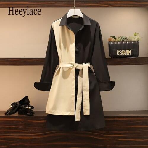 Plus Size Women korean mini Dresses Spring 2021 Turn-down Collar Long Sleeve Patchwork Black Loose Casual Shirt Dress with belt