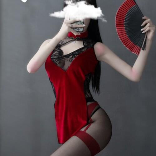 Sexy Lace Semi-perspective Halter Nightdress Oriental Retro See-through Cheongsam Kawaii Ladies Pajamas Womens Erotic Lingerie