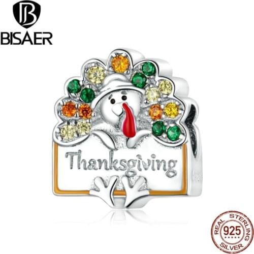 BISAER Thanksgiving Turkey Beads 100% 925 Sterling Silver Charm Pendant Fit DIY Making Bracelet Necklace Jewelry EFC339