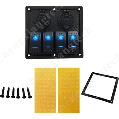 12V 24V 4 Gang Way Car Marine Boat Rocker Switch Panel 15A Fuse Dual USB Cigarette Lighter Charger Adapter Socket Switch Panel