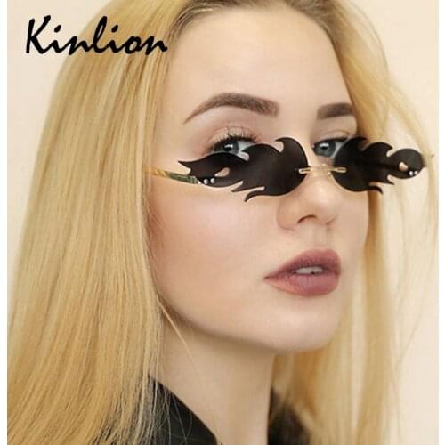 Kinlion Vintage Women Rimless Metal Sunglasses Retro Red Fire Flame Sun Glasses for Men Goggle Uv Protect Woman Gafas De Sol
