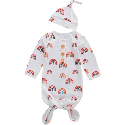 Newborn Baby Boy Girl Rainbow Print Sleeping Bag Casual Long Sleeve Sleeping Bag+Hats 2Pcs Soft Cotton Swaddle Wrap Blanket 0-4M