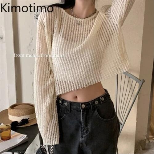Kimotimo Hollow Out Sweater Women Korean Chic Design Long Sleeve Pullovers Autumn 2021 Loose Sun Protection Cropped Sweaters