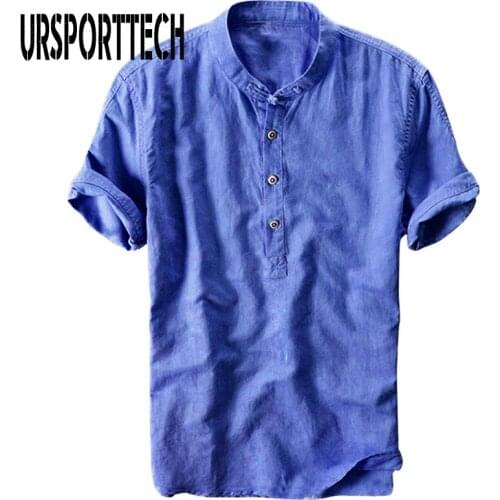 URSPORTTECH Summer Mens Shirt Cotton Linen Loose Casual Vintage Gradient Blouse Shirt Men Short Sleeve Harajuku Blouse Tops