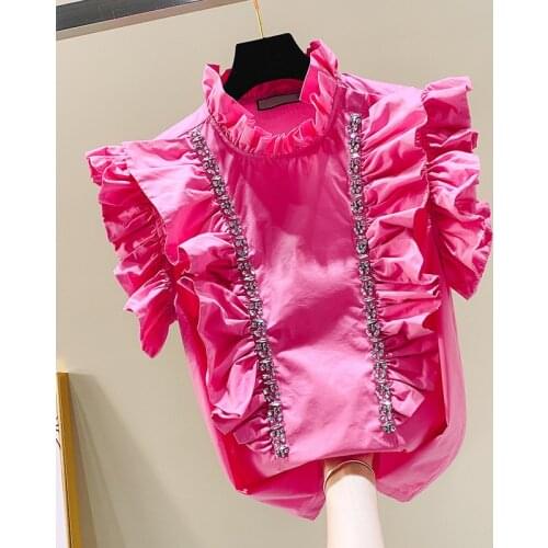 Beaded Solid Pink Ruffles Women Blouse 2021 Summer New Short-Sleeved Slim Lady Elegant Pulls Tops Tees Top Quality