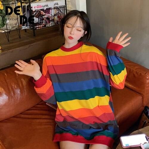 Rainbow Stripe Womens Hoodie Color Block Autumn Womens Hoodie Sweat Set Loose Womens Pullover