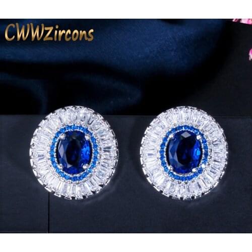 CWWZircons Dazzling Big Round Shape Cubic Zirconia And Blue Crystal Women Fashion Jewelry Stud Earrings CZ281