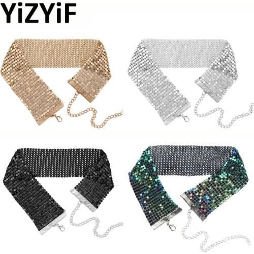 Choker Necklace Women Chain Glittery Shiny Smooth Adjustable Wide Mesh Flat Chain Metal Chocker Collar Alloy Necklace Fashion