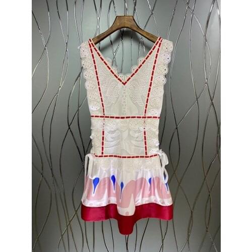Sexy V-Neck Dress 2021 Summer Fashion Style Women Appliques Lace Embroidery Patchwork Sleeveless Vintage Print Dress Sexy Club