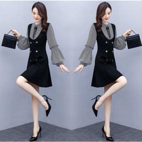 Winter autumn new vestidos de festa patchwork dresses for women lantern sleeve dress vintage midi dress