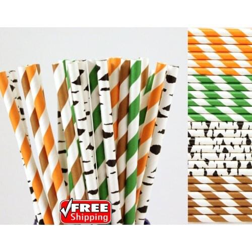 200pcs Mixed 4 Designs Black,Green,Orange,Brown Themed Paper Straws-Striped,Birch Woodland Tree Fall Garden Party Dringking