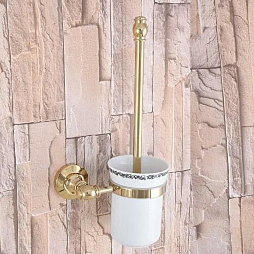 Bathroom Hardware Accessories Wall Mounted Gold Color Brass Toilet Brush Holder with One Lace Ceramic Cup Dba314