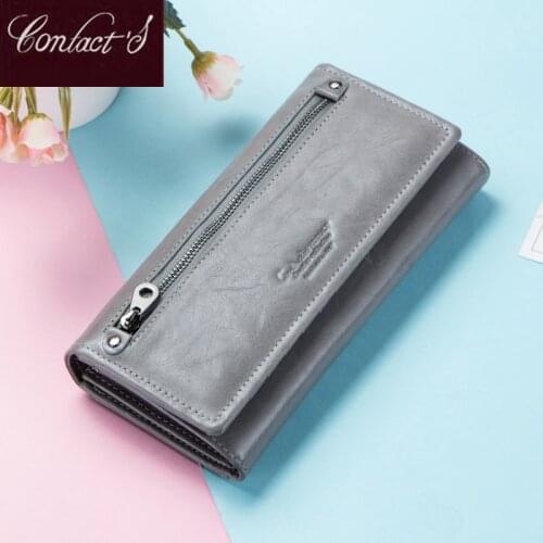 Contacts Women Genuine Leather Wallets With Coin Pocket Long Wallets Small Zipper Wallets With Card Holders Femal Purse Portfel