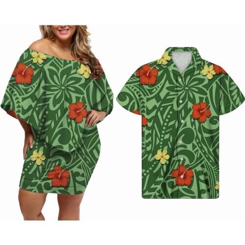 Hycool Wholesale Polynesian Casual Floral Print Green Dress Lady Sexy Wear Off-Shoulder Dress Custom Daily Life Couple Clothing