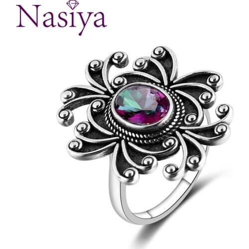 Nasiya Vintage Style Rings With Created Rainbow Topaz For Women 925 Silver Gemstone Jewelry For Party Wedding Birthday Gift