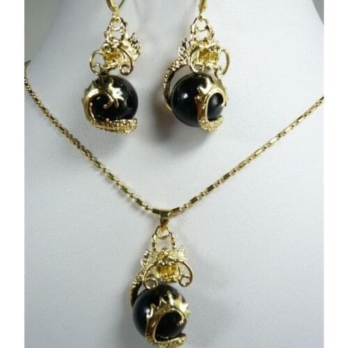 Beautiful Black jade Dragon Pendant Necklace Earring set