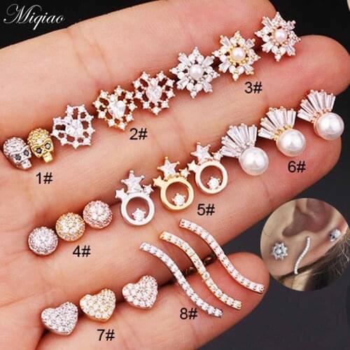Miqiao 2pcs Fashion Personality Pearl Heart-shaped Straight Rod Ear Bone Nails Human Body Piercing Jewelry