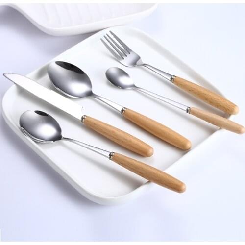 Flatware Set Stainless Steel Forks and Spoon Set 1/2/4/62 Pcs Table Set Wooden Handle Knife Flatware Dessert Spoons Cutlery Set