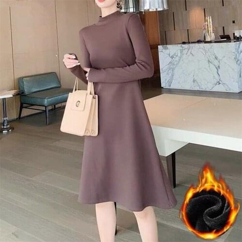 Autumn Winter Solid Thicken Warm Cotton Dresses Women New Fashion Loose Female Half Turtleneck Dress Plus Size Vestidos M-8XL