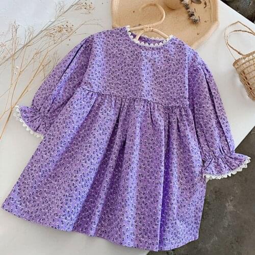 Girls Dress 2021 New Korean Purple Trumpet Sleeve Autumn Dress Childrens Clothing Round Neck Floral Print Cute Princess Dress