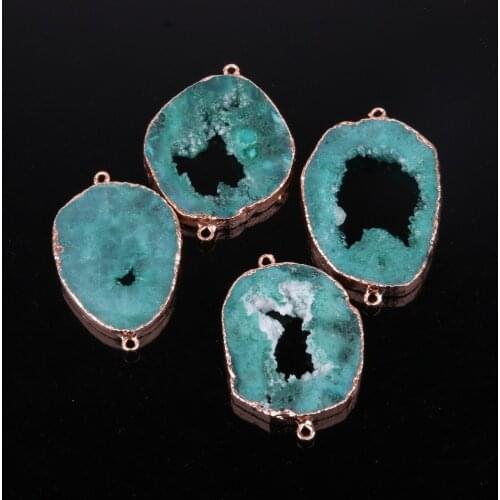 Natural Crystal Druzy Connector Charms Irregular Sliced Stone Double Hole Pendants for DIY Making Necklace Jewelry Accessories