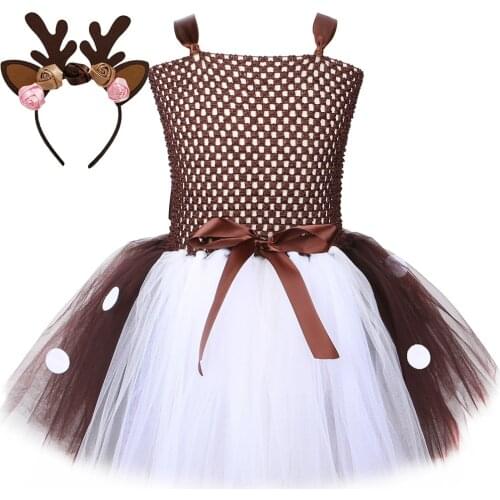 Christmas Tutu Dress with Hairband Cartoon Deer Mesh Girl Dress Children Princess Fluffy Dress Halloween Costumes for Kids