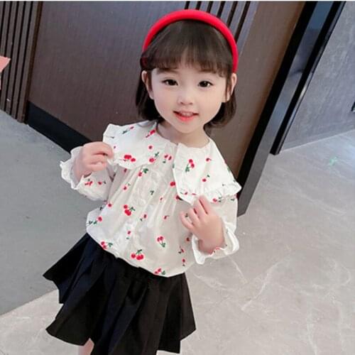 Toddler Girls Long Sleeve Cherry Shirt Spring Autumn Turn Down Collar Fashion Party Blouses Children Clothes Kids Princess Tops