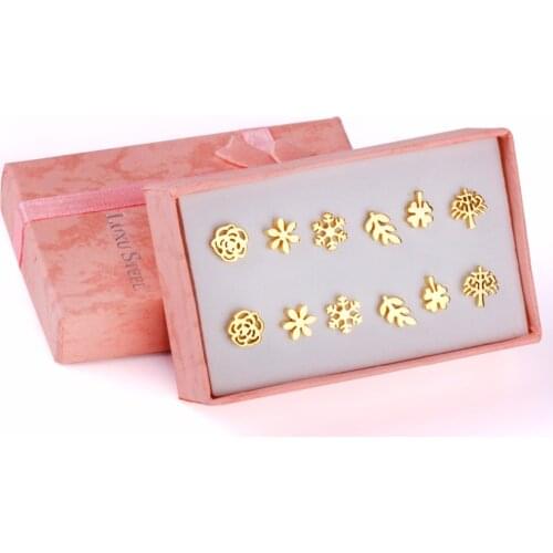 LUXUSTEEL Stainless Steel 6pairs/Box Earring Sets Mixed Style Tree/Snowflake/Leave/Flower Shape Stud Earrings Female Jewelry