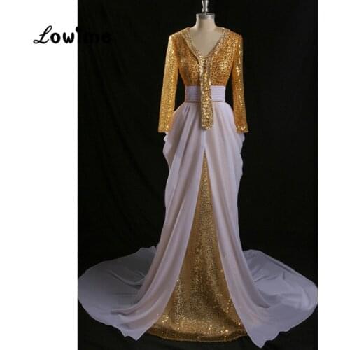 Dubai Kaftan Evening Gowns Abayas Gold Sequined Kaftan Dress Moroccan Long Sleeves Mermaid Party Dresses Vestido De Festa 2018