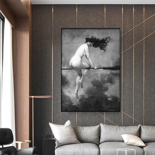 Witch Riding Broomstick Vintage Poster Wall Art Canvas Print Witch Broom Gothic Occult Halloween Antique Black White Painting