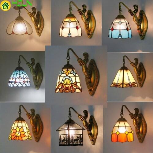 Sconces Vintage Wall Lamp Bathroom Mirror 20 Types Mediterranean Style Colorful Glass Lampshade Ac 90-220v Bracket Light