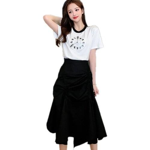 Summer 2021 Womens Fashion T-Shirt And Skirt Handmade Design Clock Short Sleeve T-Shirt Loose Slim Top And Skirt Two Pieces
